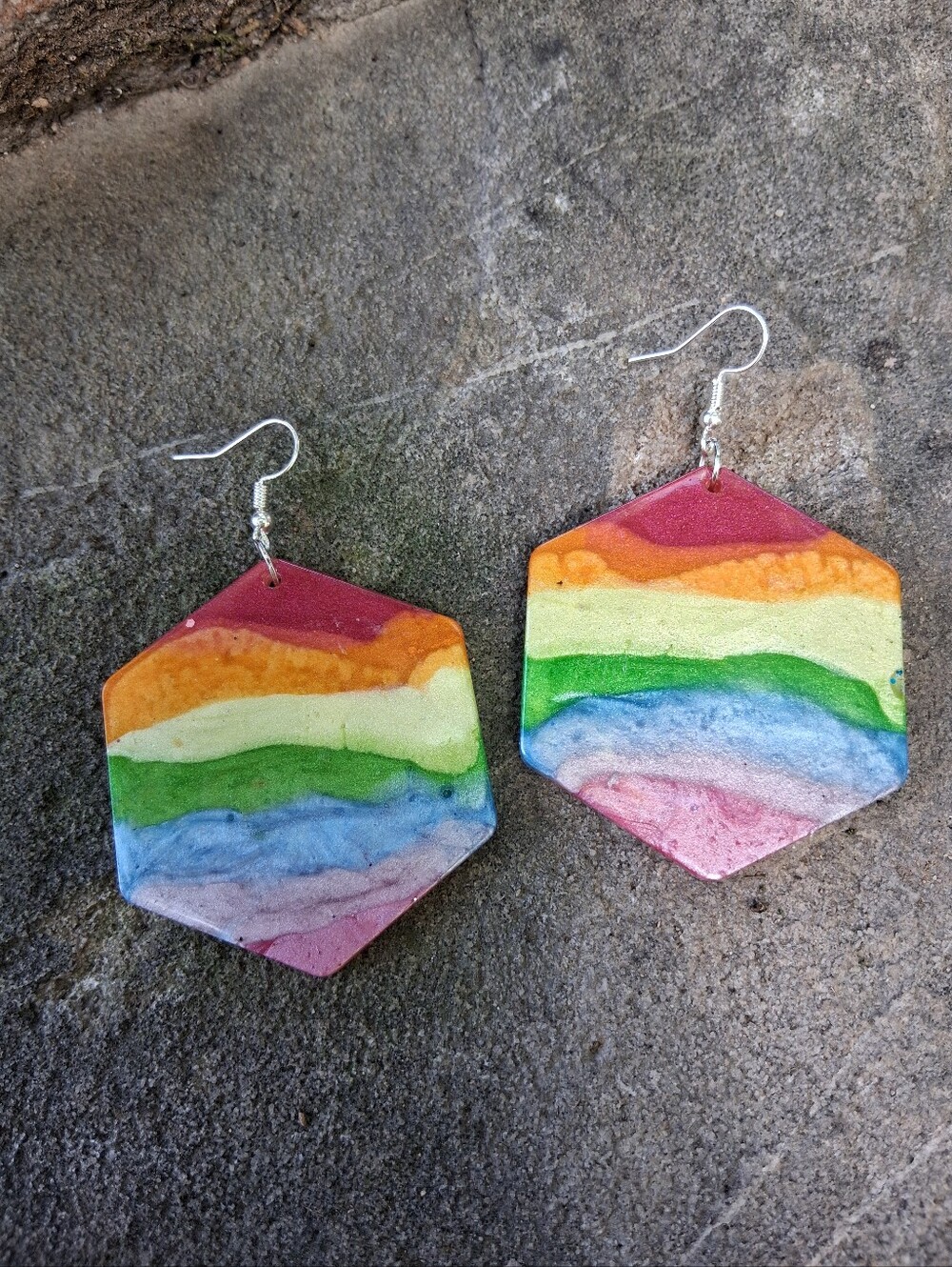 Hand Crafted Rainbow Hexagon Dangle Earrings - Red Orange Yellow Green Blue Pink